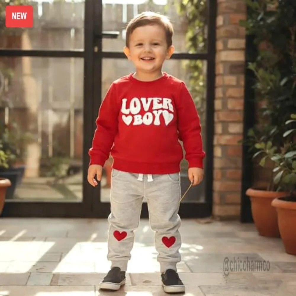 Toddler Boy Heart Embroidered Sweatshirt Jogger Set Cotton Blend 0-6M-2-3Y